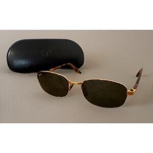 Vintage B&L Ray Ban Signet Rect. Sunglasses USA 80’s Gold Tortoise Green Glass